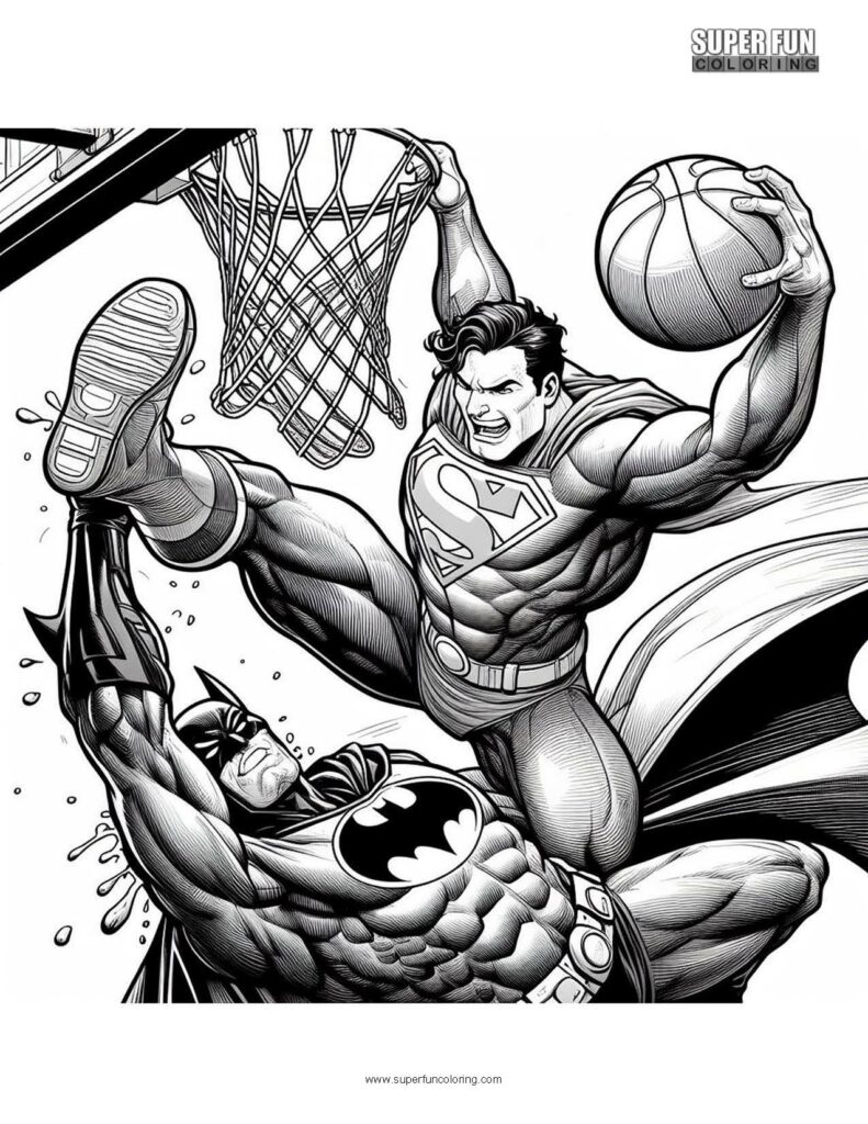 Superman Dunking on Batman Coloring Page