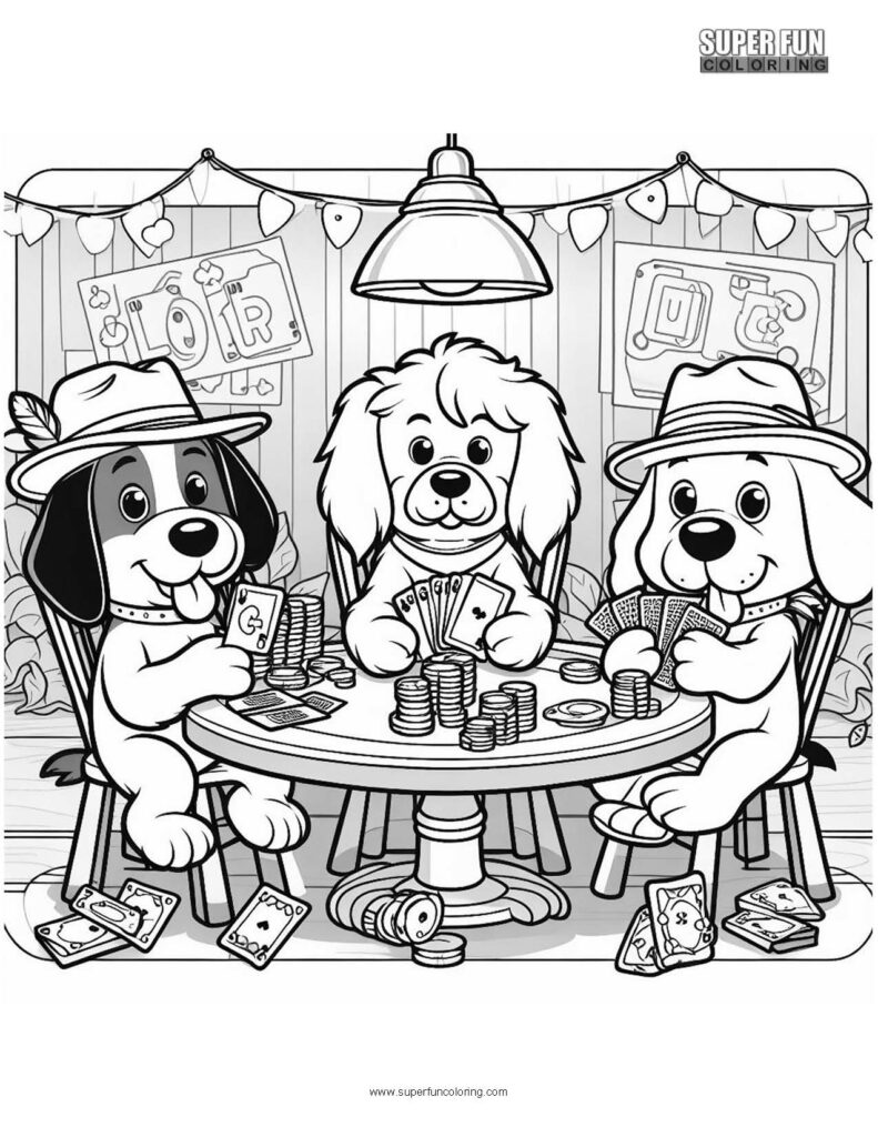 Dogs Playing Poker Cute Animal Coloring Page