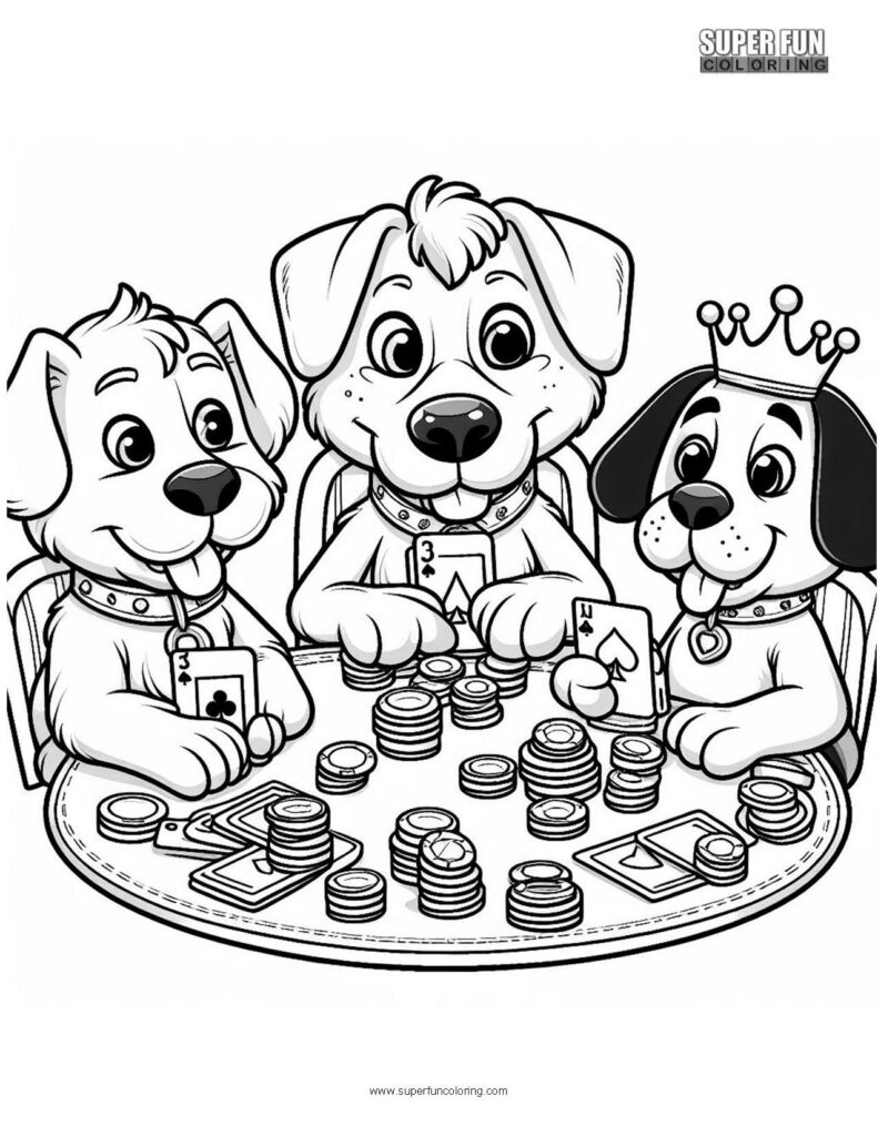 Dogs Playing Poker Cute Animal Coloring Page