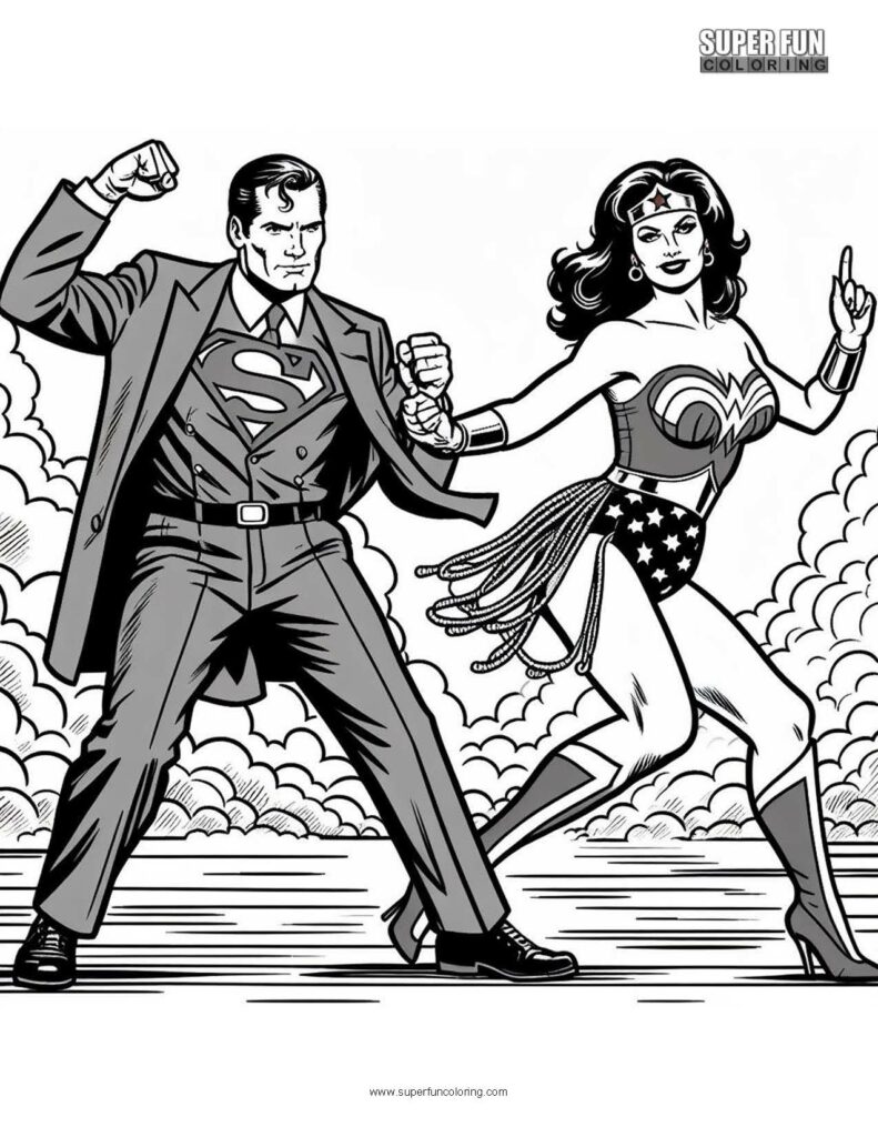 Dancing Wonder Woman and Superman coloring page